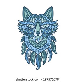 Vector abstract blue fox's head in ethnic style with patterns, zenart