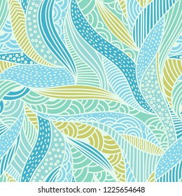 Vector abstract blue, green wavy background. Seamless organic waves pattern. Leaves shapes doodle ornament.