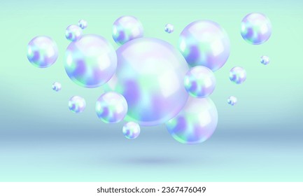 Fondo de gradiente de bolas holográficas azul abstracto vectorial. Esferas iridiscentes flotantes fondo horizontal. Resumen de fondo de pantalla vívido a la moda, plantilla de diseño de colores vivos