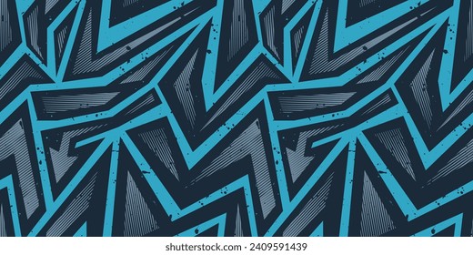 Abstrakter, blauer einfarbiger Hintergrund mit gekrümmten Linien, geometrischen Formen. Geometrisches Ornament. Lineares geometrisches nahtloses Muster. Pfeile für Technik, Sportbekleidung, Wickelpapier