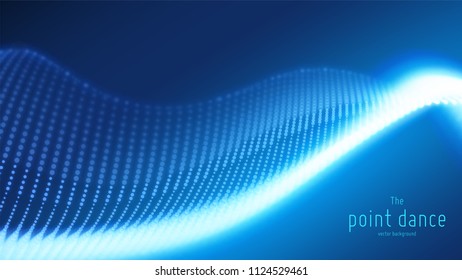 Onda de partículas azules abstracta vectorial, matriz de puntos, profundidad superficial del campo. Ilustración futurista. Tecnología de salpicadura digital o explosión de puntos de datos. Forma de onda de baile de puntos. UI cibernética, elemento HUD