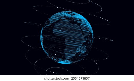 Vector abstract blue sci-fi planet Earth with particles and lines. Technology network connection on world. Global digital connections ai. 3D virtual wireframe geometric sphere.