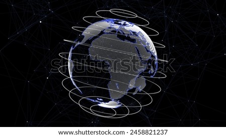 Vector abstract blue sci-fi planet Earth with particles and lines. Technology network connection on world. Global digital connections ai. 3D virtual wireframe geometric sphere.