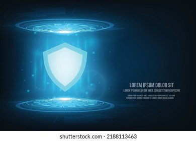 Vector abstract blue shield and circuit with glowing effect. Security data concept.