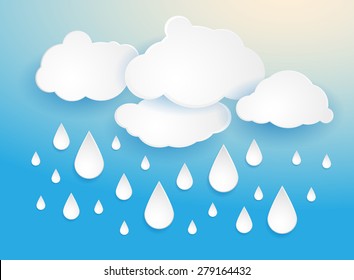 Vector abstract blue sky with paper cartoon clouds and drops on blue, yellow gradient background. Cloud computing concept. 