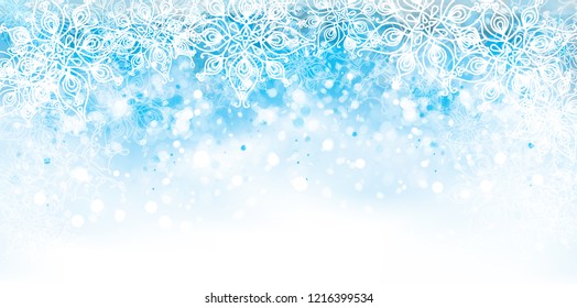 Vector  abstract, blue, snowflake background. Christmas background.  