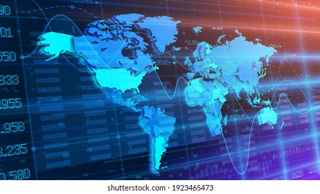 Vector. Resumen de fondo tecnológico azul. Mapa del planeta Tierra en perspectiva. Contornos de continentes y países. Monitor transparente con gráficos de acciones y cotizaciones de precios. Efecto 3D y desenfoque