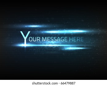 Vector abstract blue text effect with blurry dim particles and bright lights on black background with slight texture.