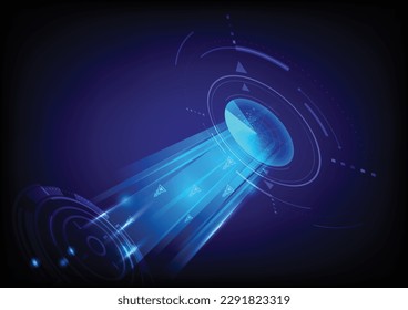 Vector abstract blue visulization background, energy, light technology. a beam of light is directed from the center of the circle.