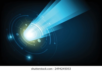Vector abstract blue visulization background, energy, light technology. a beam of light is directed from the center of the circle.