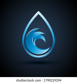 Vector abstract blue water drop logo design with shadow on dark background.