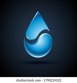 Vector abstract blue water drop logo design with shadow on dark background.