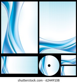 Vector Abstract Blue Waves And Lines Background Templates In Horizontal And Vertical Designs. Includes 2 Covers (A4 Size), Compliment Slip, Disc Label And 2 Business Cards, Each On Separate Layers.