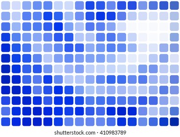 Vector abstract blue and white mosaic background with rounded square tiles over white, horizontal format.