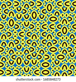 Vector abstract blue and yellow pattern with geometric random shapes, organic lines, stripes, waves, circles and dots. Geometric print for sporty fashion. Mid century design background for home decor.