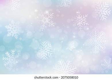Vector abstract blurred background with snowflakes, bokeh and sequins. Festive winter template for greeting cards, printing, invitations, web design,  packaging, greetings. Christmas and New Year