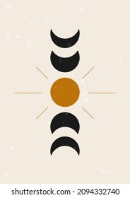 Vector abstract boho poster. Minimal design for background, cover, wallpaper, print, card, wall decor, social media, stories, branding. Sun, moon, stars