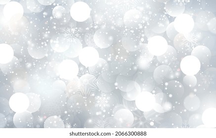 Vector abstract bokeh background. Festive defocused lights. Cold winter Christmas and New Year background. Light silver abstract Christmas background with white snowflakes. Vector illustration EPS10.