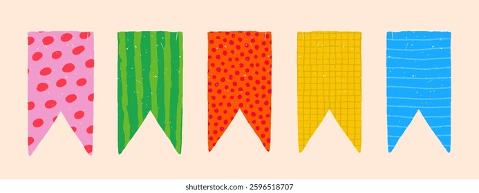 Vector abstract bookmarks and flag banners for notebook or diary with childish patterns
