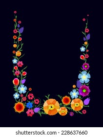 vector abstract border with wild flowers isolated on black background