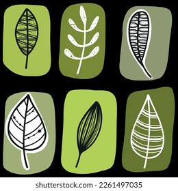 Vector abstract botanical compositions. Boho story highlights template. Fluid organic shapes, neutral colors. Bohemian exotic leaves. Mid Century Modern foliage design. Twigs illustration