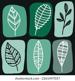 Vector abstract botanical compositions. Boho story highlights template. Fluid organic shapes, neutral colors. Bohemian exotic leaves. Mid Century Modern foliage design. Twigs illustration