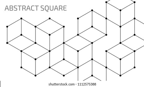 Vector abstract boxes background. Modern technology illustration with square mesh. Digital geometric abstraction with lines and points. Cube cell.