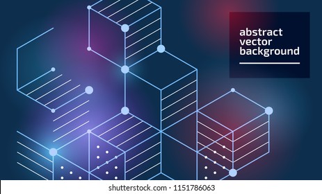 Vector abstract boxes background. Modern technology illustration with square mesh. Digital geometric abstraction with lines and points. Cube cell.