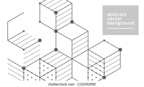 Vector abstract boxes background. Modern technology illustration with square mesh. Digital geometric abstraction with lines and points. Cube cell.