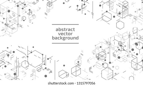 Vector abstract boxes background. Modern technology illustration with square mesh. Digital geometric abstraction with lines and points. Cube cell.