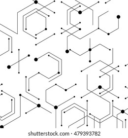 Vector abstract boxes background. Modern technology illustration with square mesh. Digital geometric abstraction with lines and points. Cube cell.