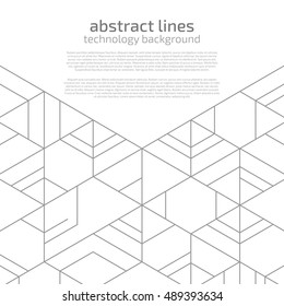 Vector abstract boxes background. Modern technology illustration with square mesh. Digital geometric abstraction with lines and sample text. Cube cell.