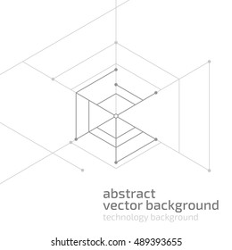 Vector abstract boxes background. Modern technology illustration with square mesh. Digital geometric abstraction with lines and sample text. Cube cell.