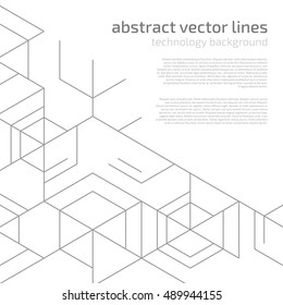 Vector abstract boxes background. Modern technology illustration with square mesh. Digital geometric abstraction with lines and sample text. Cube cell.