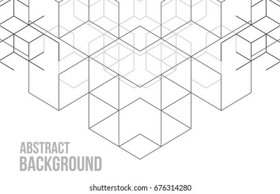Vector abstract boxes background. Modern technology illustration with square mesh. Digital geometric abstraction with lines and points. Cube cell.