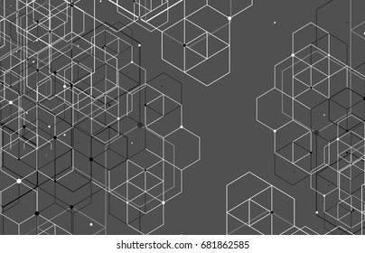 Vector abstract boxes background. Modern technology illustration with square mesh. Digital geometric abstraction with lines and points. Cube cell.