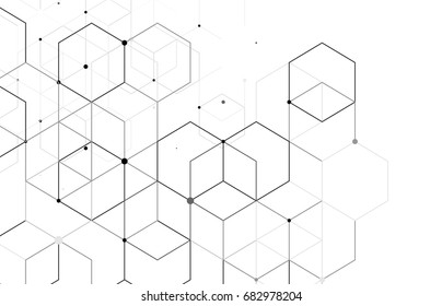 Vector abstract boxes background. Modern technology illustration with square mesh. Digital geometric abstraction with lines and points. Cube cell.