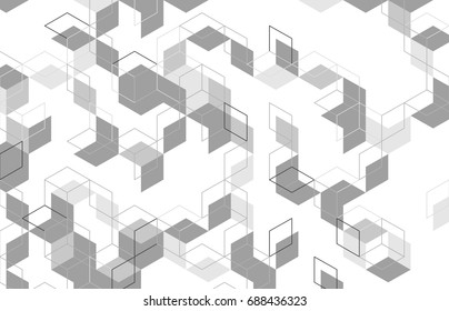 Vector abstract boxes background. Modern technology illustration with square mesh. Digital geometric abstraction with lines and points. Cube cell.