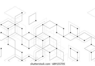 Vector abstract boxes background. Modern technology illustration with square mesh. Digital geometric abstraction with lines and points. Cube cell.