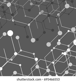 Vector abstract boxes background. Modern technology illustration with square mesh. Digital geometric abstraction with lines and points. Cube cell.
