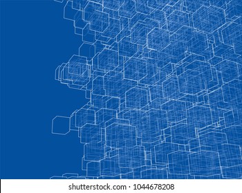 Vector abstract boxes background. Vector rendering of 3d. Wire-frame style. The layers of visible and invisible lines are separated