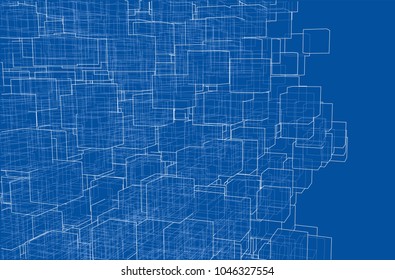 Vector abstract boxes background. Vector rendering of 3d. Wire-frame style. The layers of visible and invisible lines are separated