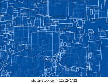 Vector abstract boxes background. Vector rendering of 3d. Wire-frame style