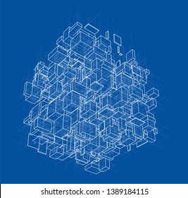 Vector abstract boxes background. Vector rendering of 3d. Wire-frame style