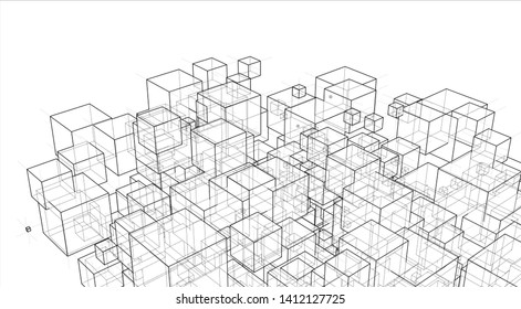 Vector abstract boxes background. Vector rendering of 3d. Wire-frame style