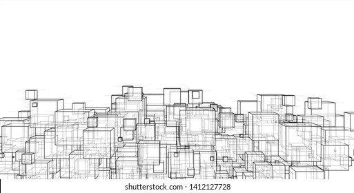 Vector abstract boxes background. Vector rendering of 3d. Wire-frame style