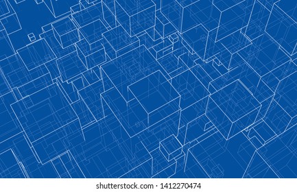 Vector abstract boxes background. Vector rendering of 3d. Wire-frame style