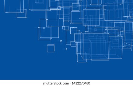 Vector abstract boxes background. Vector rendering of 3d. Wire-frame style