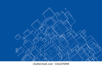 Vector abstract boxes background. Vector rendering of 3d. Wire-frame style