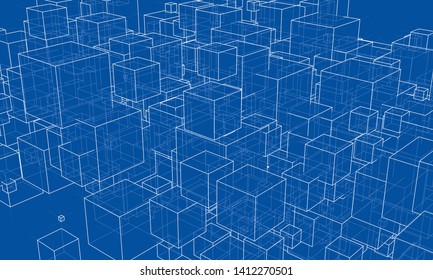 Vector abstract boxes background. Vector rendering of 3d. Wire-frame style